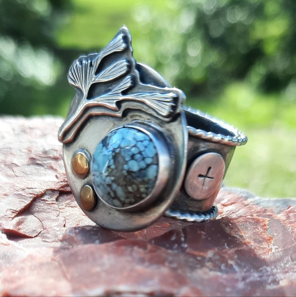 Silver and Turquoise Stone Ring With Gold Accent - Picture 2 of 5